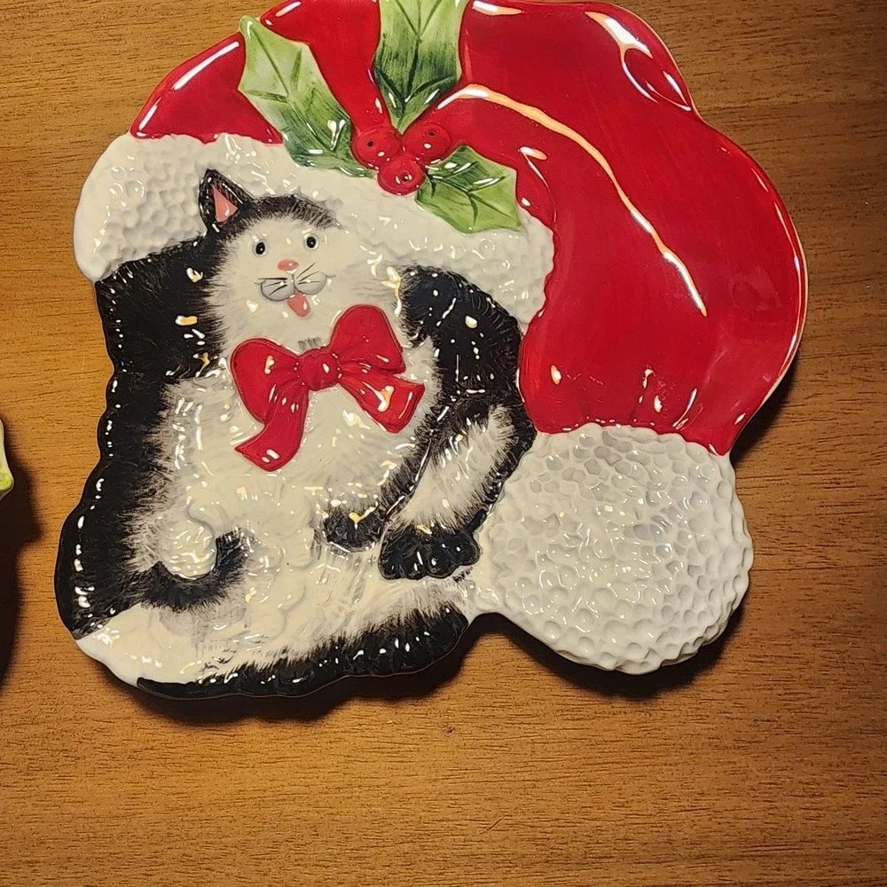 Vintage Fitz And Flyod Cat Christmas Plates Set Of 2